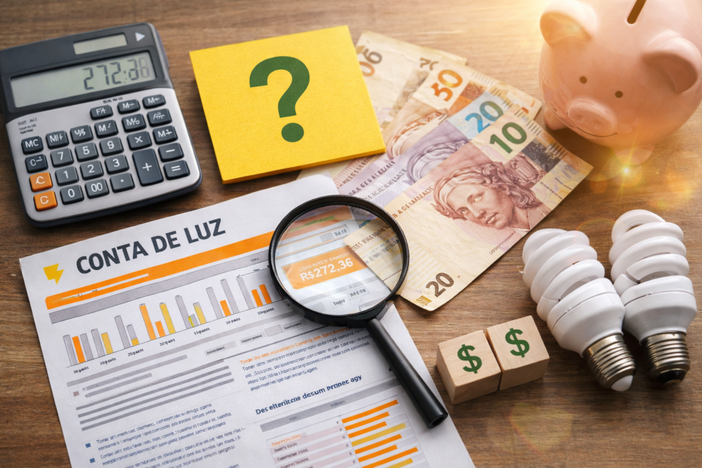 Conta de luz com lupa destacando o valor, calculadora, lâmpadas econômicas e dinheiro ao lado, ilustrando análise e economia na conta de energia.