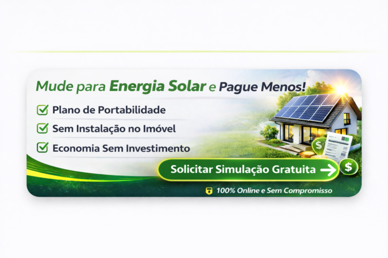 Banner ilustrativo sobre portabilidade de energia solar com destaque para simulação gratuita, economia sem instalação e mudança na forma de cobrança da conta de luz.