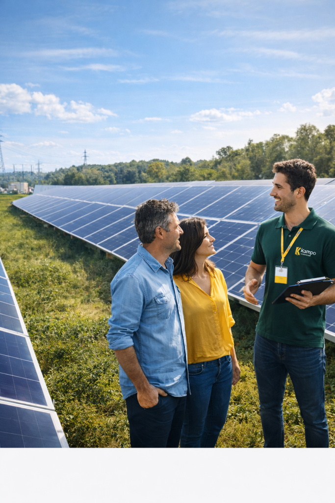 Fazenda solar com painéis fotovoltaicos e consultor explicando energia solar por assinatura para casal, representando o modelo de portabilidade de energia.