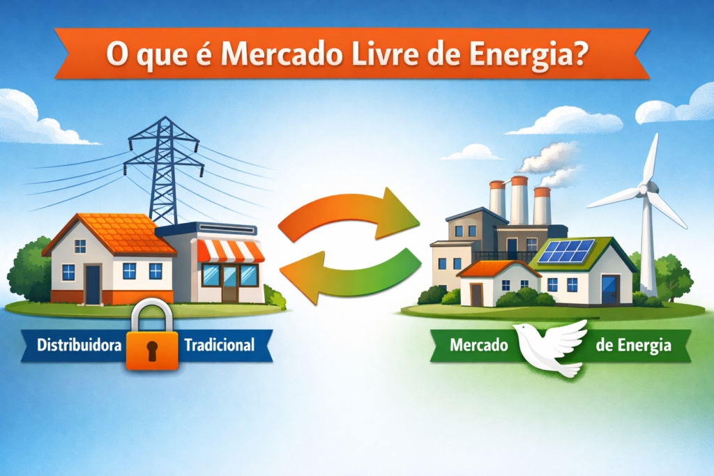 Ilustração explicativa sobre o que é mercado livre de energia, mostrando comparação entre modelo tradicional com distribuidora e modelo de mercado livre com energia renovável, painéis solares e turbina eólica.