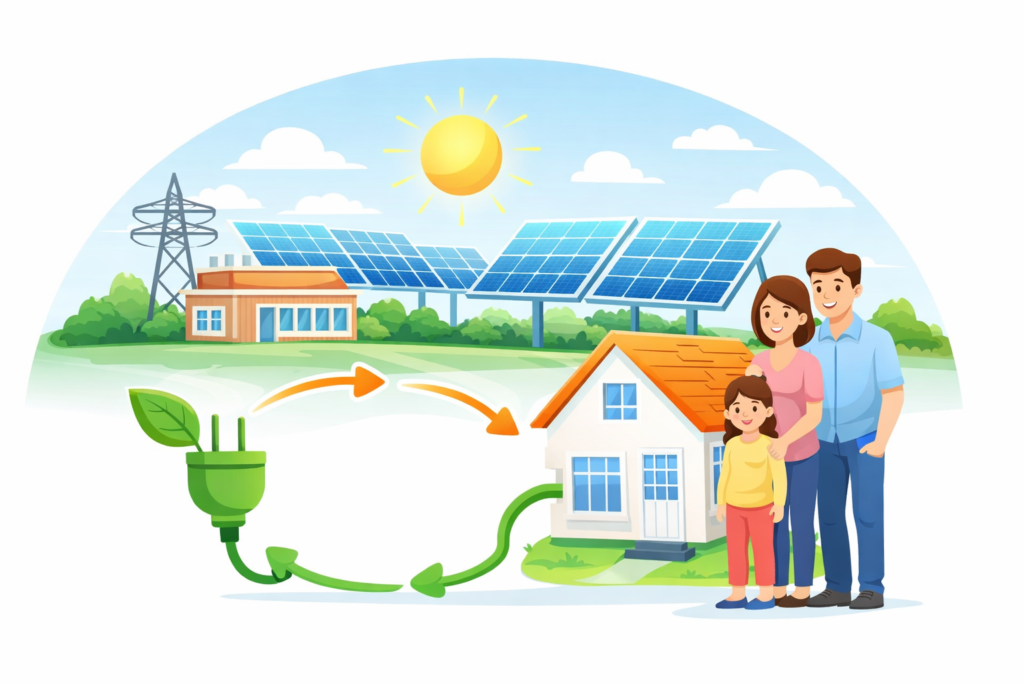 Ilustração explicativa de energia por assinatura mostrando usina solar gerando créditos de energia que são compensados na conta de luz de uma residência, sem necessidade de instalação de placas no imóvel.