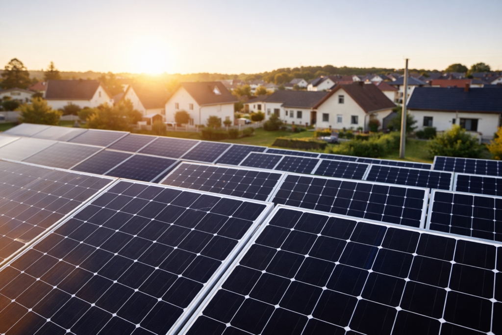 Painéis solares instalados próximos a residências, ilustrando o modelo de geração distribuída onde a energia é produzida localmente e convertida em créditos na conta de luz.