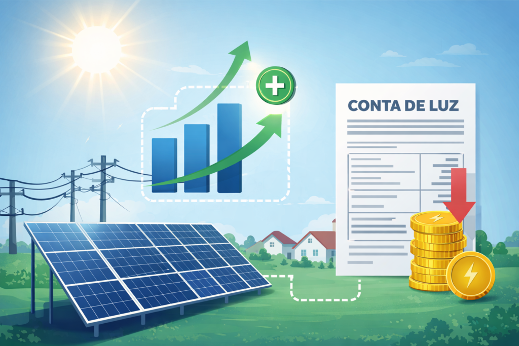 Ilustração de painéis solares gerando energia e transformando em créditos que são compensados na conta de luz dentro do modelo de geração distribuída.