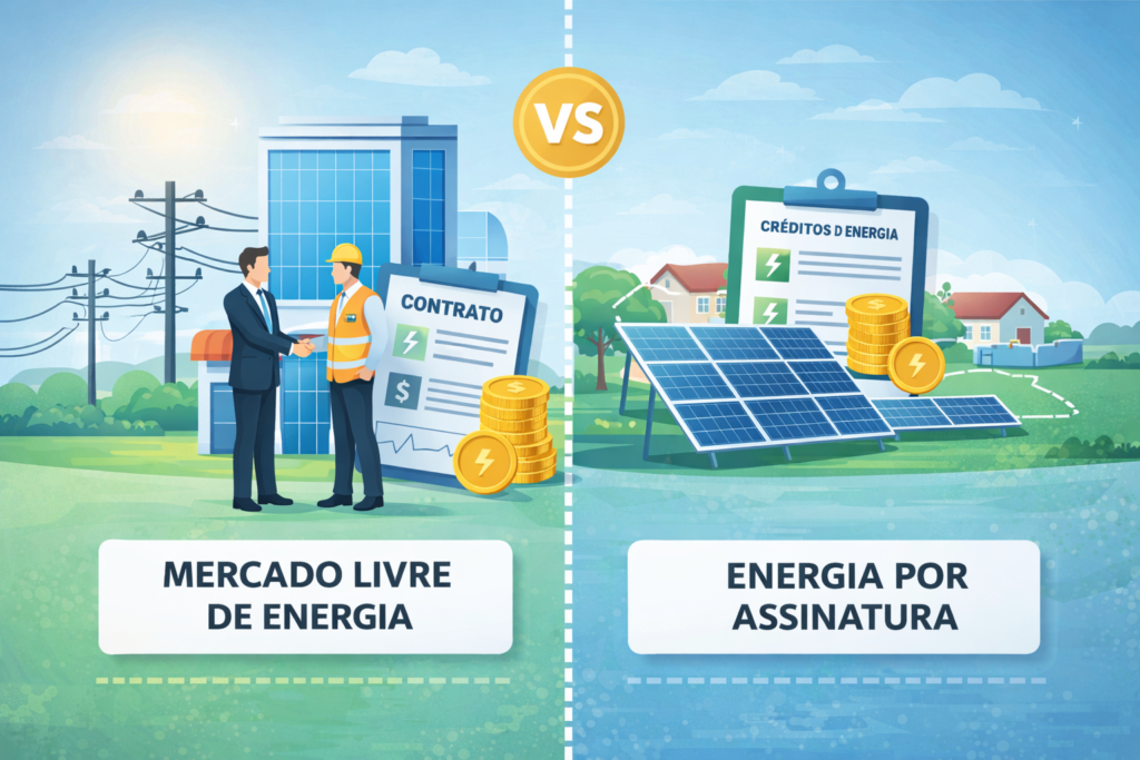 Ilustração comparando Mercado Livre de Energia e Energia por Assinatura, mostrando negociação de contrato de um lado e geração solar com créditos de energia do outro.