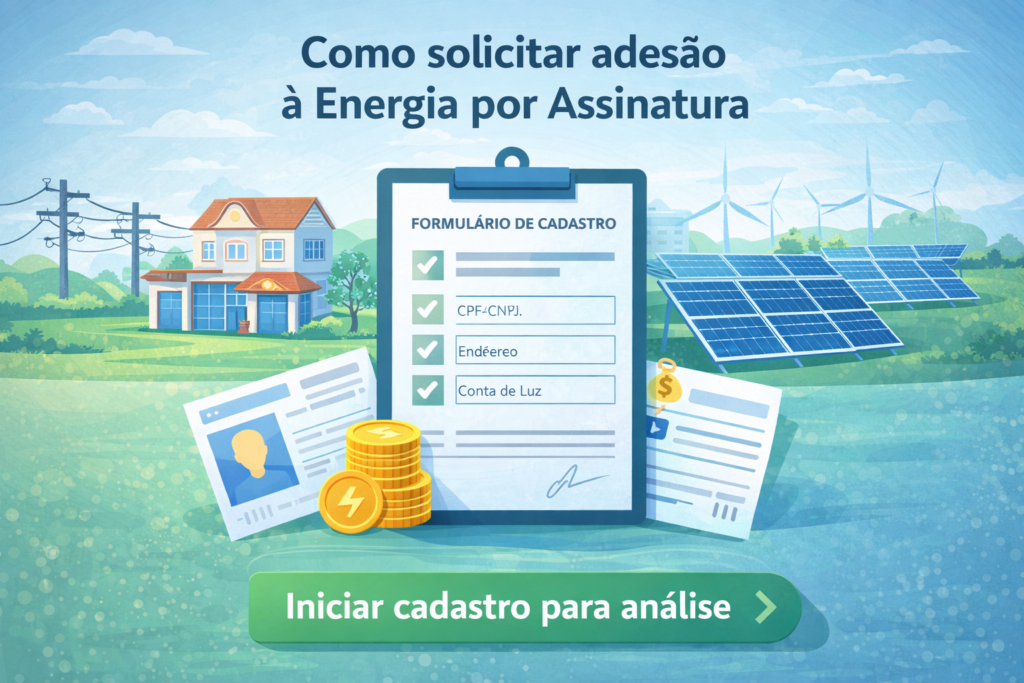 Ilustração mostrando formulário de cadastro para adesão à energia por assinatura, com casa, conta de luz e usina solar ao fundo representando o modelo de geração distribuída.