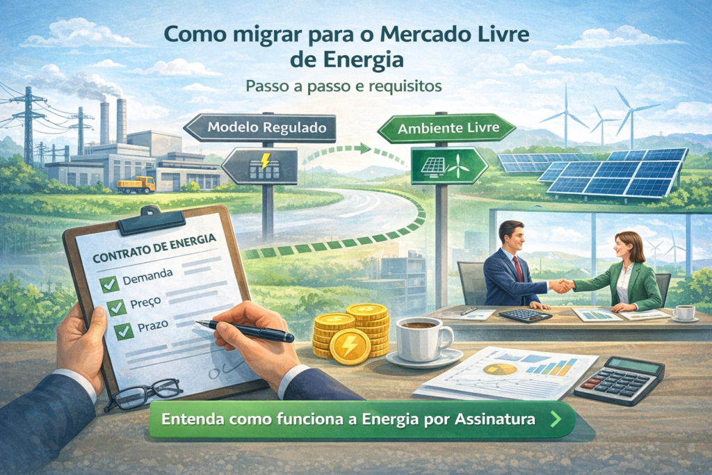 Ilustração explicativa mostrando o processo de migração para o Mercado Livre de Energia, com comparação entre modelo regulado e ambiente livre, contrato de energia e negociação empresarial.