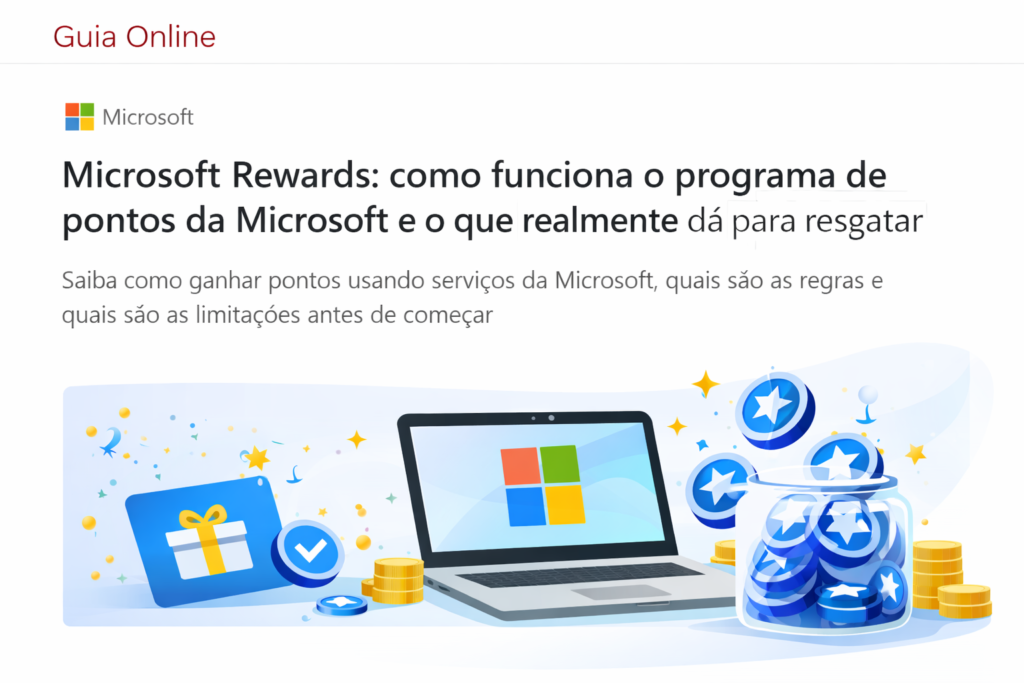 Ilustração de programa de pontos digital com laptop, moedas e cartão de recompensa representando o funcionamento do Microsoft Rewards.