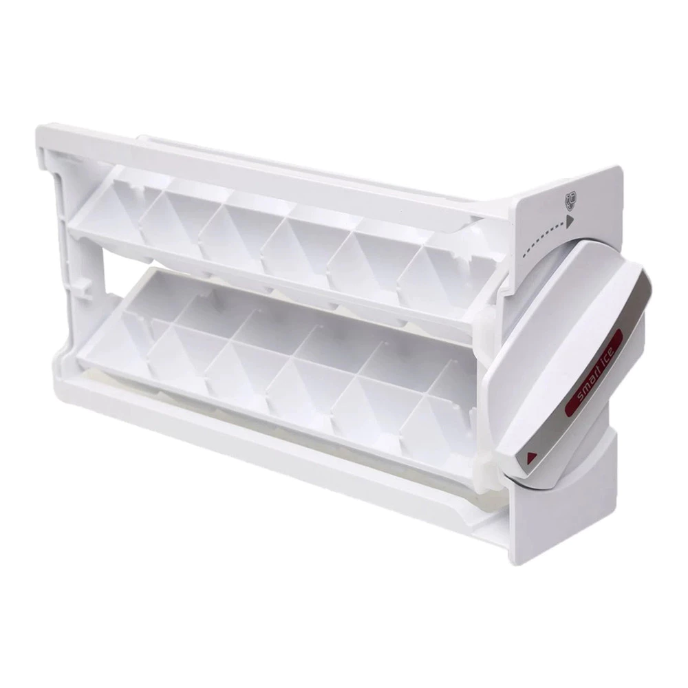 Forma de gelo plástica adaptada para freezer inferior de refrigerador, com encaixe específico e compartimentos para cubos