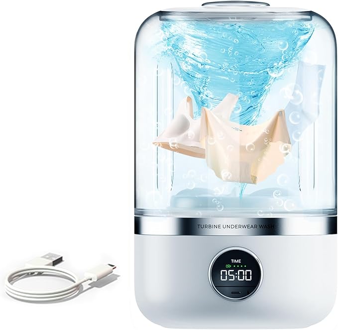 Mini máquina de lavar portátil 1,2 litros compacta, ideal para lavar roupas íntimas e peças pequenas durante viagens ou uso individual.