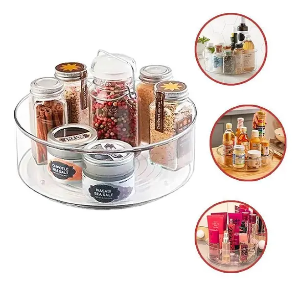 Organizador giratório multiuso redondo utilizado dentro da geladeira para organizar potes e frascos pequenos, facilitando o acesso aos itens do fundo da prateleira.
