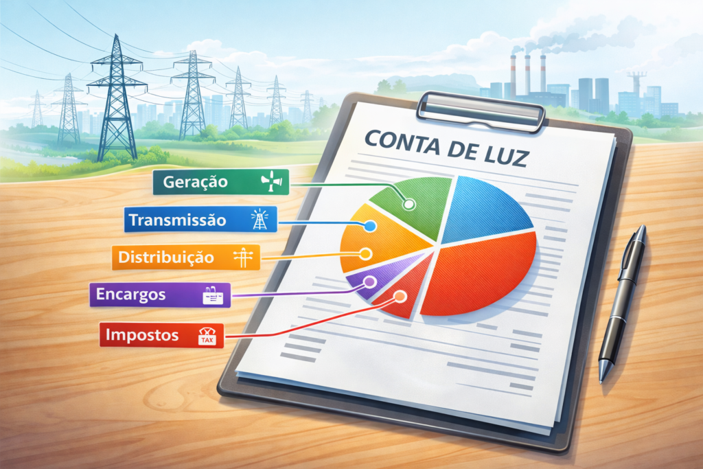 Componentes da conta de luz no Brasil explicando geração, transmissão, distribuição e impostos
