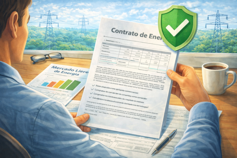 Contrato de fornecimento de energia sendo analisado com símbolo de segurança no Mercado Livre de Energia