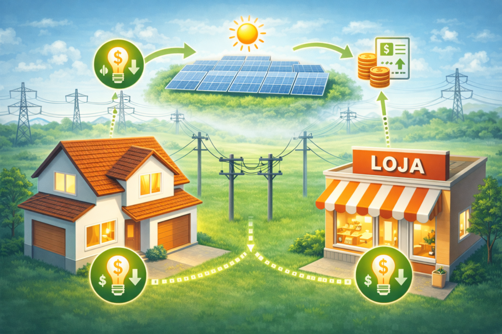 Sistema de energia por assinatura com créditos solares reduzindo a conta de luz