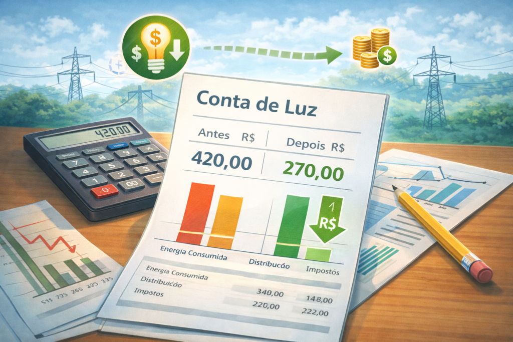 Comparação de economia na conta de luz mostrando redução no consumo de energia
