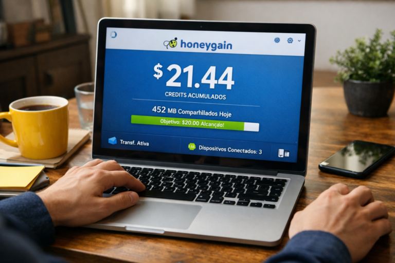 pessoa utilizando computador enquanto aplicativo de compartilhamento de internet funciona em segundo plano acumulando créditos online