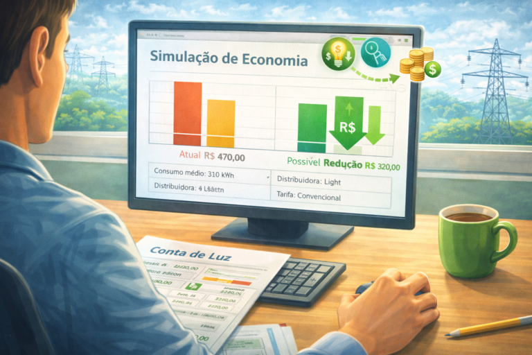 Simulação de economia na conta de luz mostrando comparação de valores e análise de consumo de energia