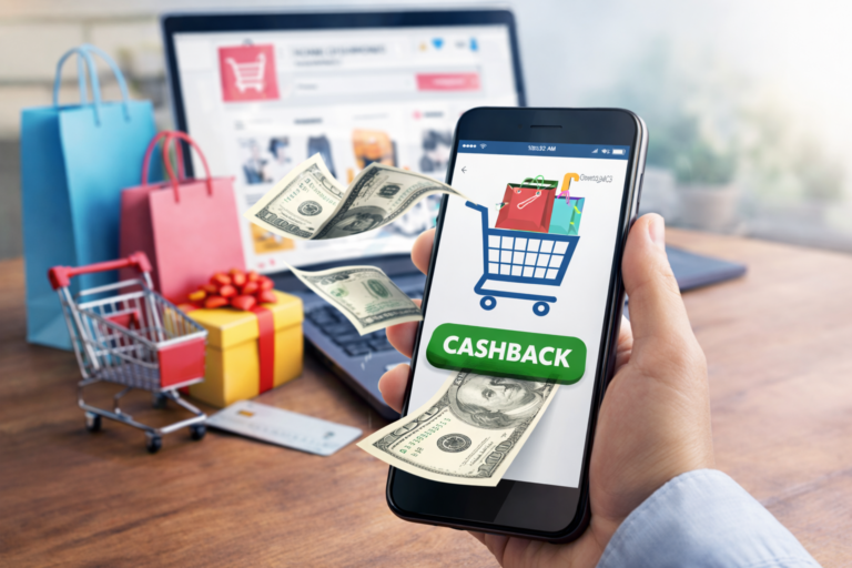 pessoa realizando compras online enquanto recebe cashback e parte do dinheiro de volta pelas compras feitas na internet