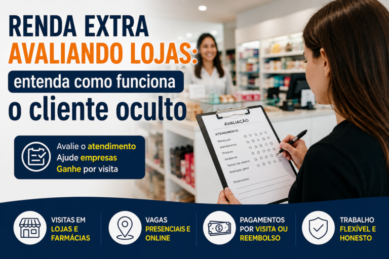 Cliente oculto avaliando atendimento em loja para renda extra, mostrando como funcionam visitas presenciais e avaliações de atendimento em lojas e farmácias.