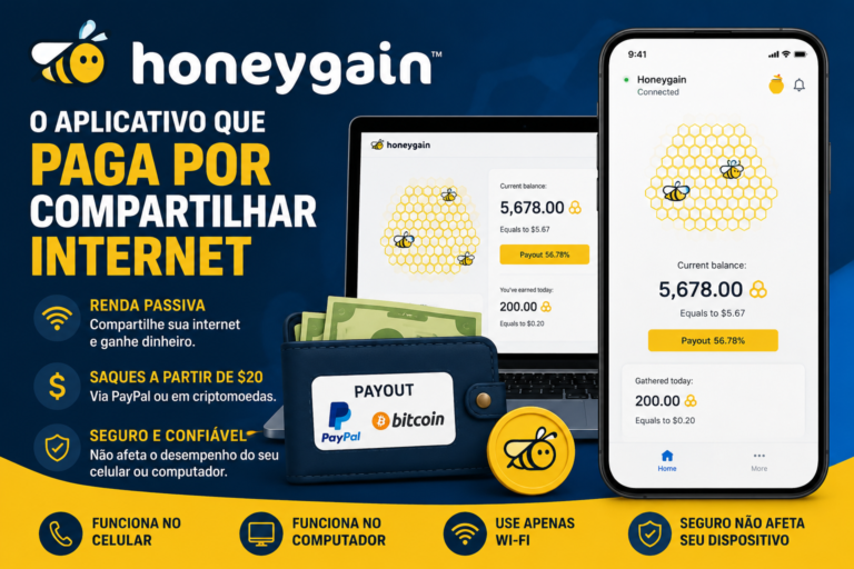 Aplicativo Honeygain funcionando no celular e computador, mostrando como compartilhar internet para gerar renda passiva com pagamentos via PayPal e criptomoedas.
