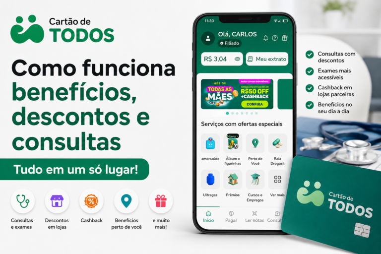 Cartão de TODOS no celular mostrando aplicativo com consultas, descontos, cashback e benefícios para o dia a dia, explicando como funciona o serviço e seus recursos.