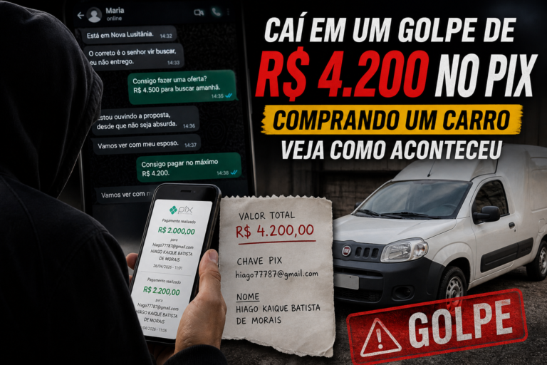 Pessoa olhando celular com comprovantes de Pix enquanto negocia compra de carro; imagem representa golpe de R$ 4.200 em compra de veículo pela internet