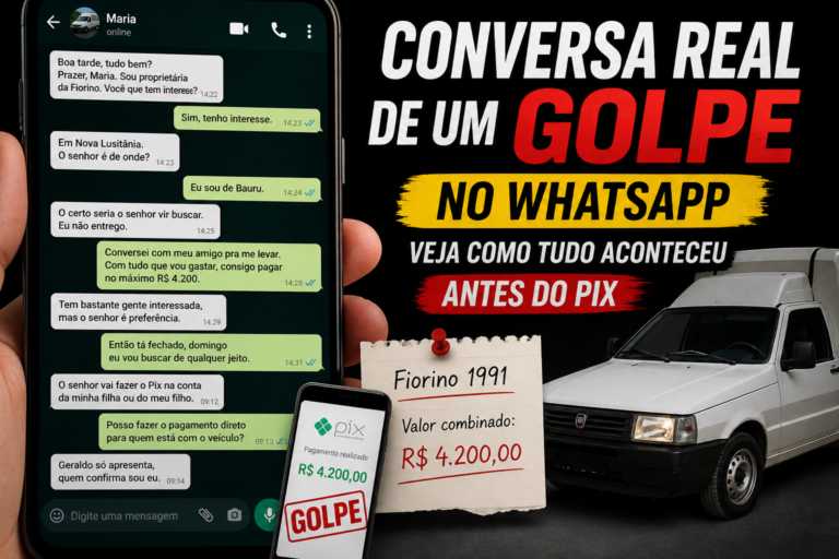 “Conversa de WhatsApp mostrando negociação de compra de carro que evolui para golpe com pagamento via Pix de R$ 4.200.”