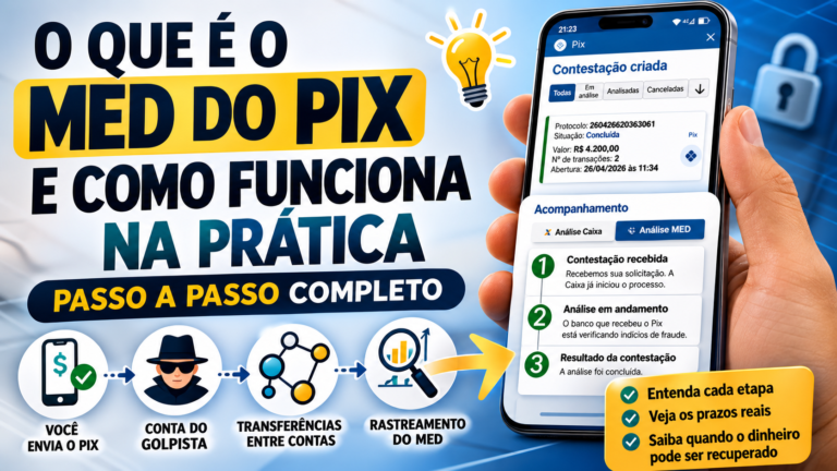 “Infográfico explicando como funciona o MED do Pix na prática, com etapas de contestação, análise do banco e possíveis caminhos do dinheiro após um golpe.”