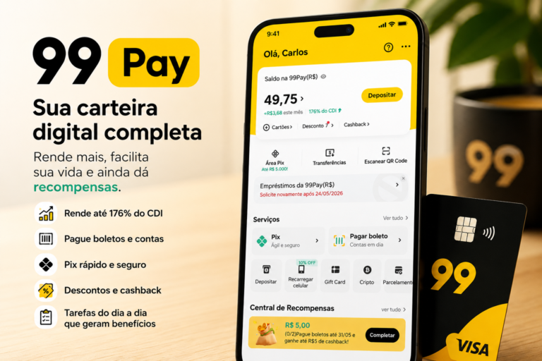 Imagem ilustrativa da 99Pay mostrando carteira digital com rendimento do saldo, pagamento de boletos, Pix, cashback e recursos para uso no dia a dia.