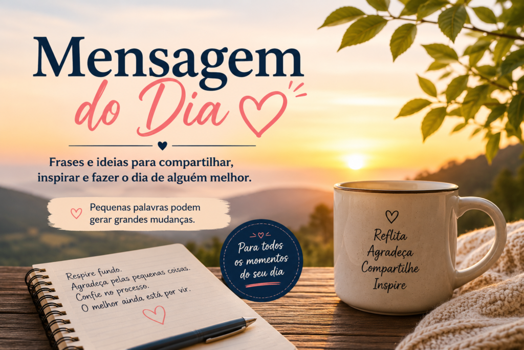 Mensagem do dia com frase inspiradora em cenário ao nascer do sol, com xícara de café e ambiente acolhedor para reflexão e compartilhamento.