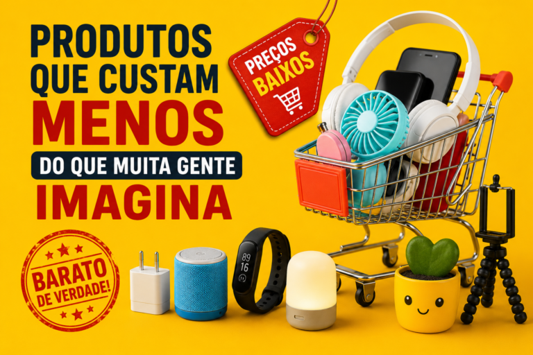 Produtos baratos para conhecer com ilustração de carrinho de compras e itens acessíveis representando descobertas de produtos que custam menos do que muita gente imagina.