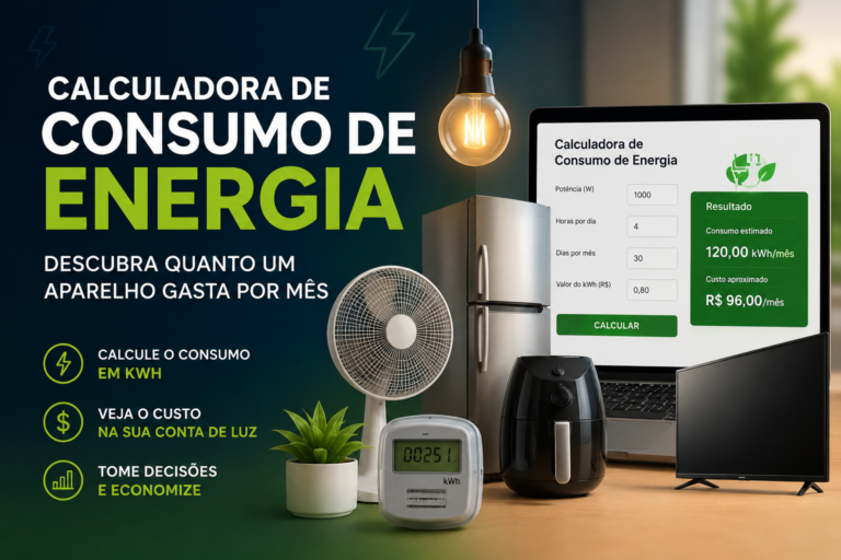 Calculadora de consumo de energia exibida em notebook com simulação de cálculo em kWh, acompanhada por eletrodomésticos como geladeira, ventilador, air fryer e televisão, destacando estimativa de gasto mensal de energia elétrica.