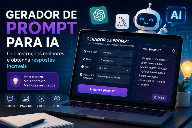 Imagem ilustrativa de gerador de prompt para inteligência artificial mostrando uma interface em notebook para criar instruções personalizadas para IA, com opções de objetivo, tema e tom, destacando criação de textos, imagens, vídeos e ideias.