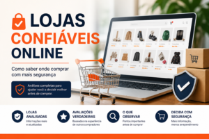 Lojas confiáveis online com notebook exibindo produtos, carrinho de compras e símbolos de segurança para ajudar na escolha antes de comprar