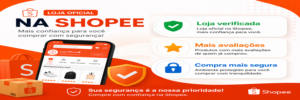 Banner de loja oficial na Shopee destacando compra segura, loja verificada e produtos com mais avaliações