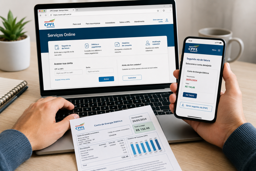 Pessoa emitindo a segunda via da conta de energia da CPFL pelo computador e celular utilizando os serviços online da empresa