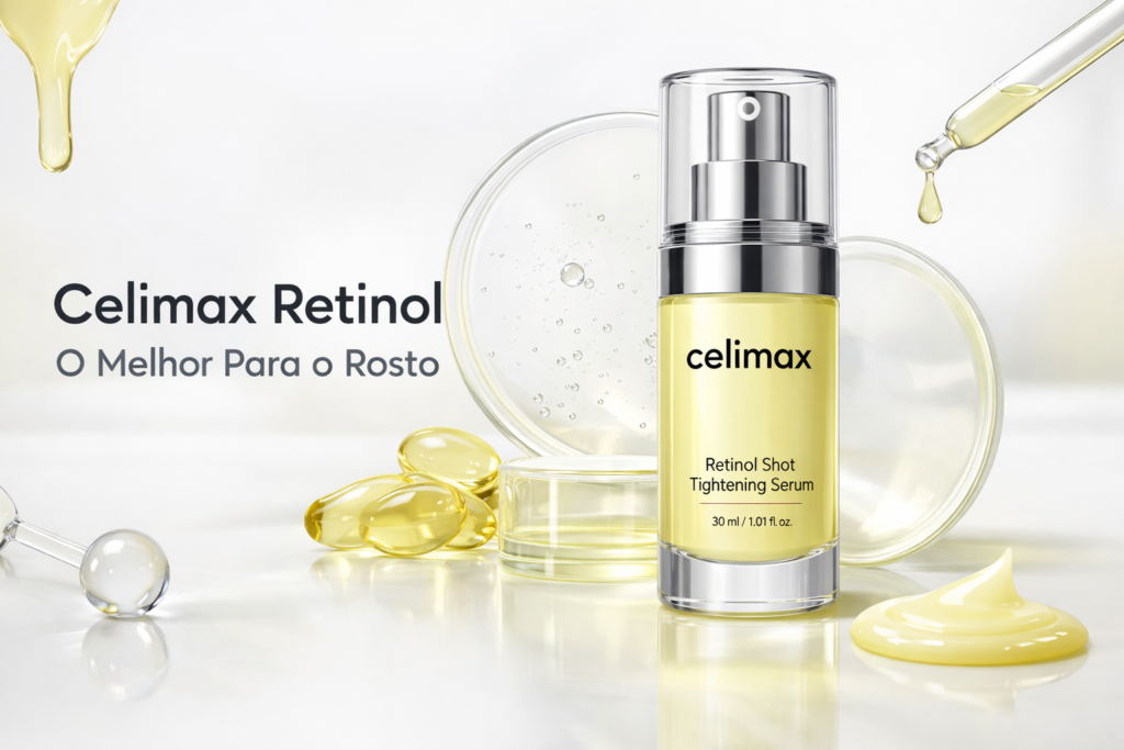 Celimax Retinol Shot Tightening Serum – frasco transparente com líquido amarelo e tampa prateada, cercado por cápsulas de retinol e pipeta com gota do sérum. Produto dermatologicamente testado que melhora textura, firmeza e luminosidade da pele.